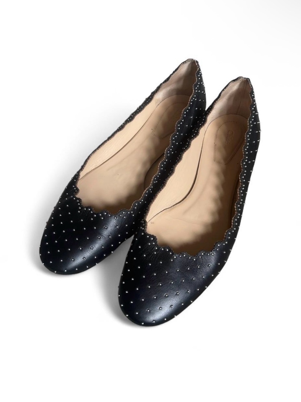 Chloé Black Scallop-Edge Studded Leather Ballet Flats
